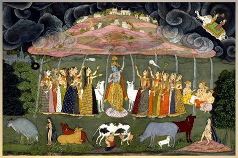  Krishna Lifting Mount Govardhan - Uma Sinfonia de Devoção e Poder em Aquarela